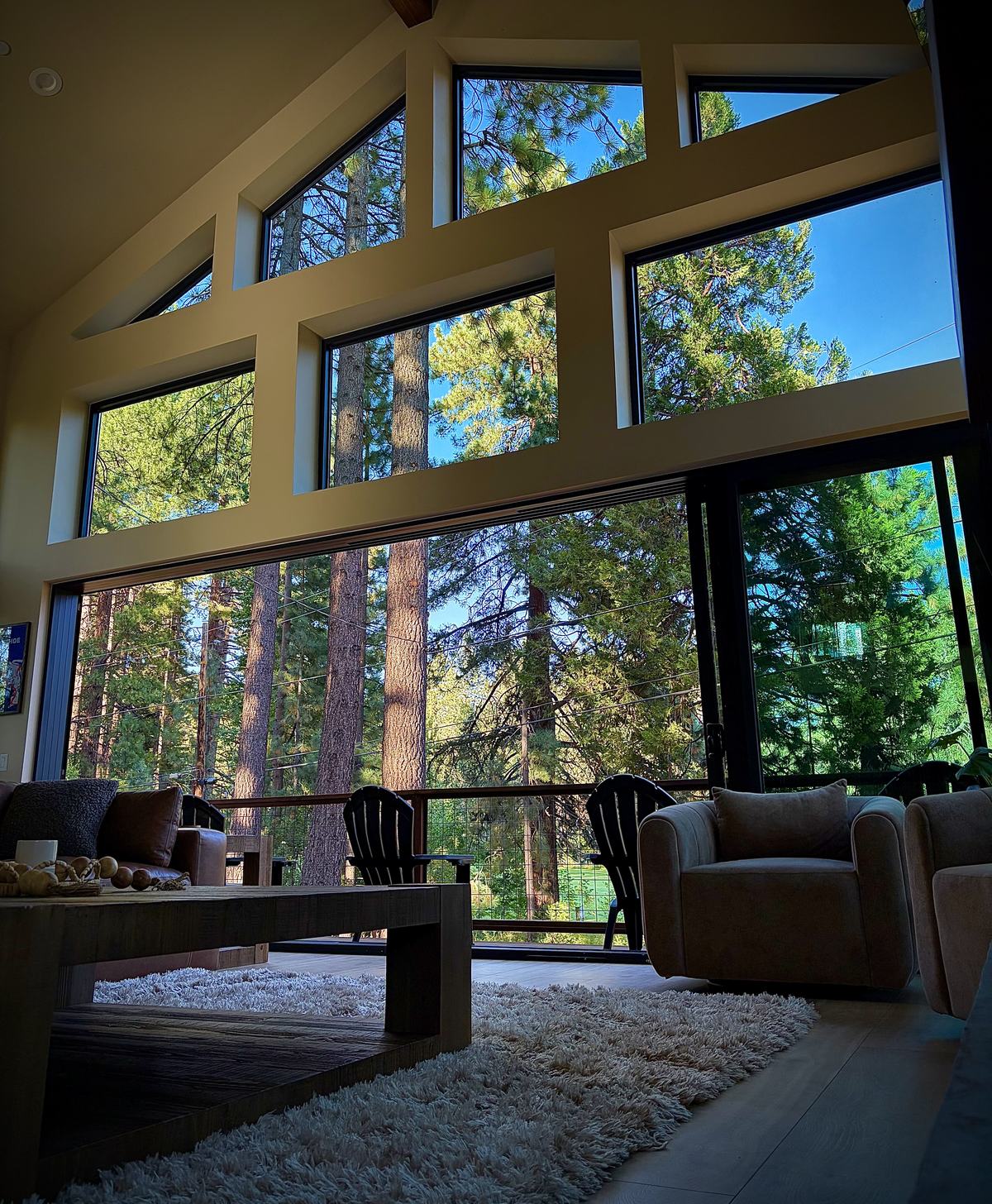Vaulted windows looking into tall pines